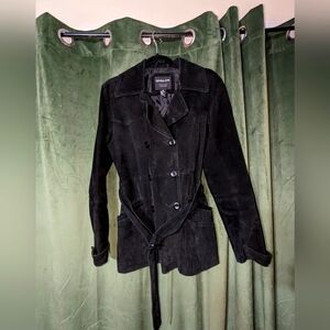 Vintage Black Tie Waist Genuine Leather Coat